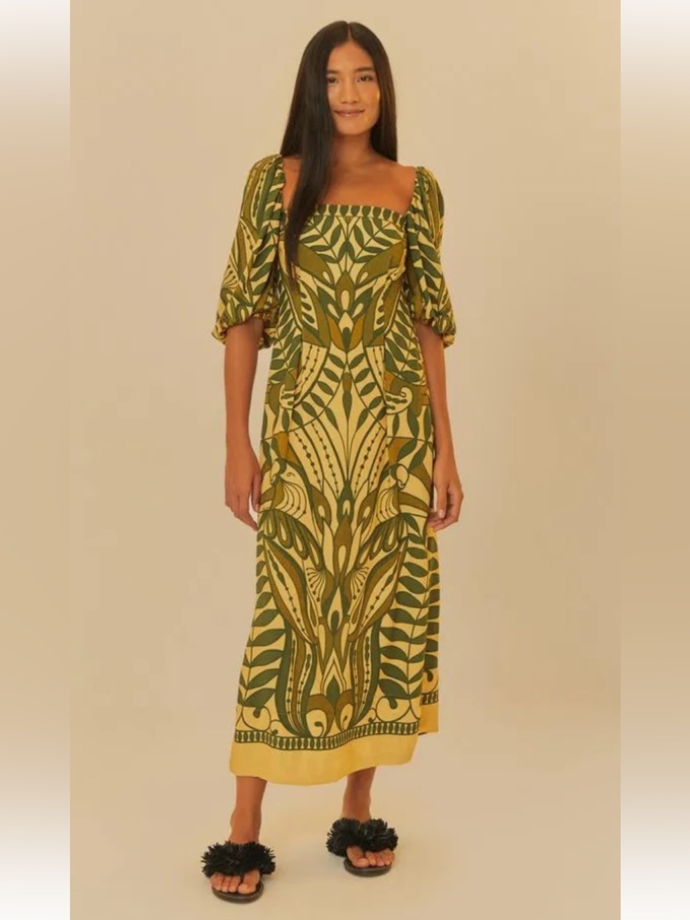 New Anthropologie Farm Rio Rendeira Puff Sleeve Boho Palm Resort Midi Dress M